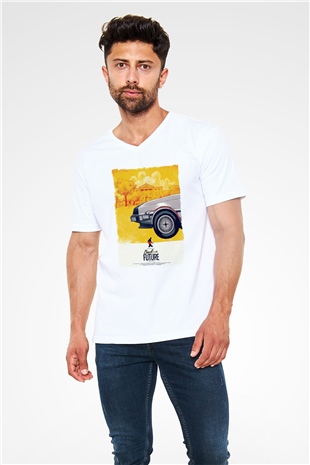 Back to the Future Geleceğe Dönüş Beyaz Unisex V Yaka Tişört