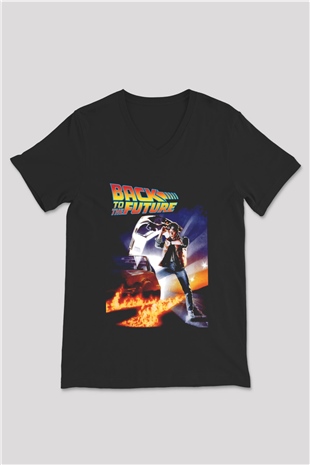 Back to the Future Geleceğe Dönüş Siyah Unisex V Yaka Tişört T-Shirt