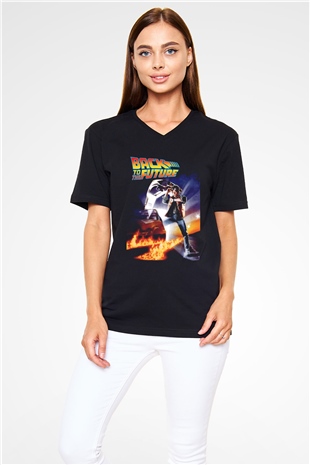 Back to the Future Geleceğe Dönüş Siyah Unisex V Yaka Tişört T-Shirt
