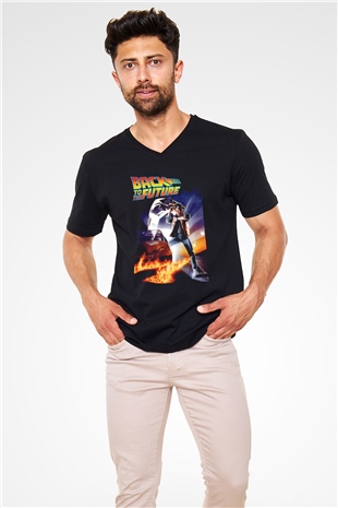 Back to the Future Geleceğe Dönüş Siyah Unisex V Yaka Tişört T-Shirt