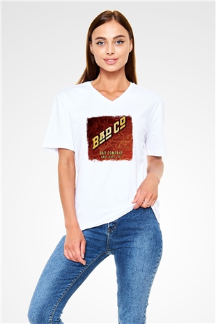 Bad Company Baskılı Unisex Beyaz V Yaka Tişört