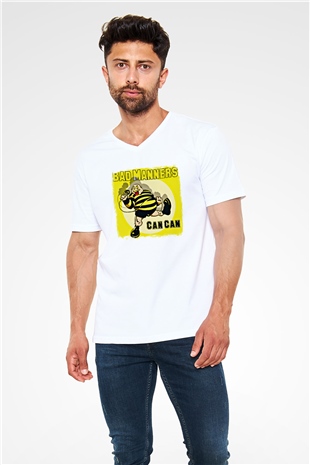 Bad Manners Baskılı Unisex Beyaz V Yaka Tişört