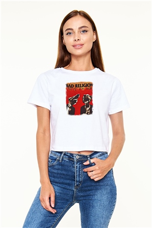 Bad Religion Baskılı Unisex Beyaz Crop Top Tişört