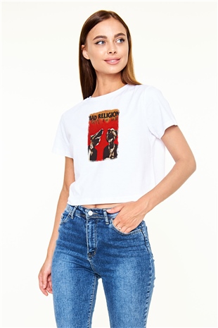 Bad Religion Baskılı Unisex Beyaz Crop Top Tişört