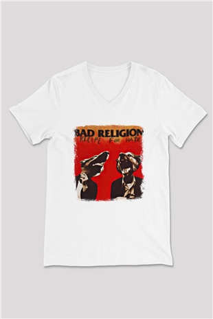 Bad Religion Baskılı Unisex Beyaz V Yaka Tişört