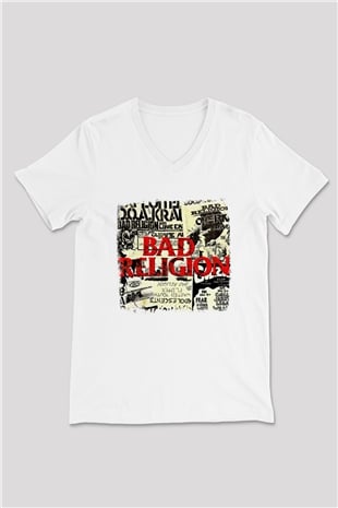 Bad Religion Baskılı Unisex Beyaz V Yaka Tişört
