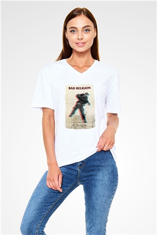 Bad Religion Baskılı Unisex Beyaz V Yaka Tişört
