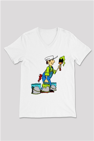 Badanacı Beyaz Unisex V Yaka Tişört T-Shirt