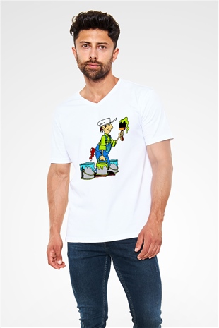 Badanacı Beyaz Unisex V Yaka Tişört T-Shirt