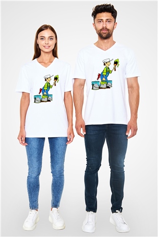 Badanacı Beyaz Unisex V Yaka Tişört T-Shirt
