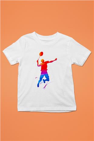 Badminton Baskılı Unisex Beyaz Çocuk Tişört - Tshirt
