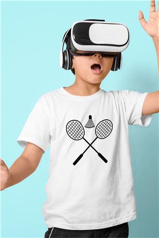 Badminton Baskılı Unisex Beyaz Çocuk Tişört - Tshirt