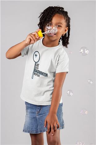 Badminton Baskılı Unisex Beyaz Çocuk Tişört - Tshirt