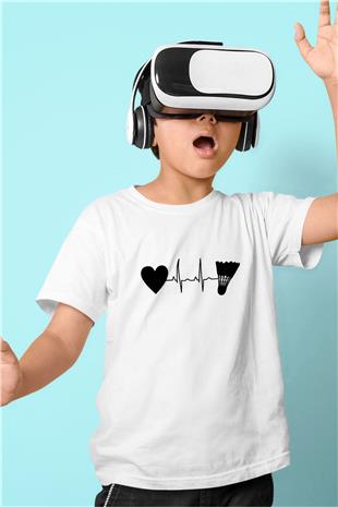 Badminton Baskılı Unisex Beyaz Çocuk Tişört - Tshirt
