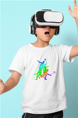 Badminton Baskılı Unisex Beyaz Çocuk Tişört - Tshirt