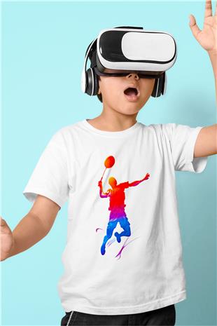 Badminton Baskılı Unisex Beyaz Çocuk Tişört - Tshirt