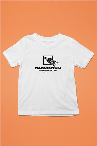 Badminton Baskılı Unisex Beyaz Çocuk Tişört - Tshirt