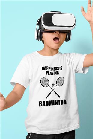 Badminton Baskılı Unisex Beyaz Çocuk Tişört - Tshirt