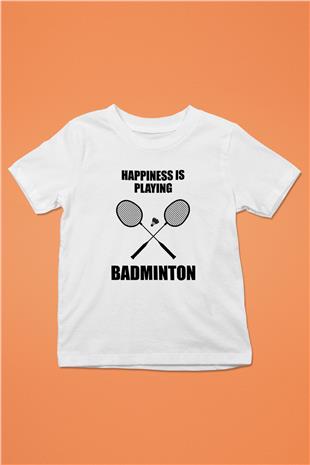 Badminton Baskılı Unisex Beyaz Çocuk Tişört - Tshirt