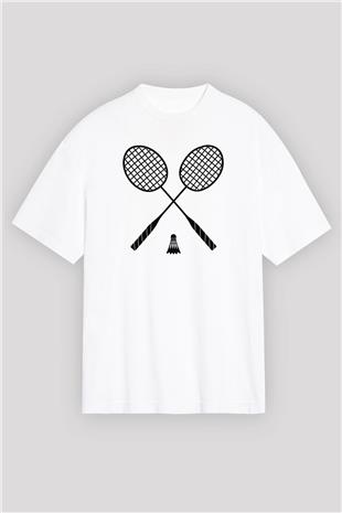 Badminton Baskılı Unisex Beyaz Oversize Tişört - Tshirt