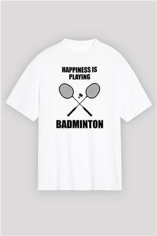 Badminton Baskılı Unisex Beyaz Oversize Tişört - Tshirt