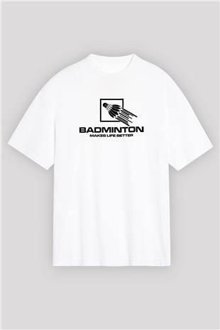 Badminton Baskılı Unisex Beyaz Oversize Tişört - Tshirt