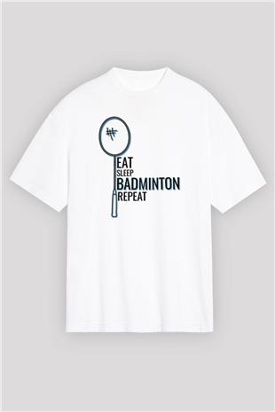 Badminton Baskılı Unisex Beyaz Oversize Tişört - Tshirt