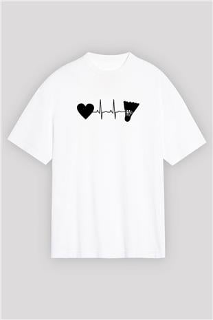 Badminton Baskılı Unisex Beyaz Oversize Tişört - Tshirt