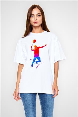 Badminton Baskılı Unisex Beyaz Oversize Tişört - Tshirt