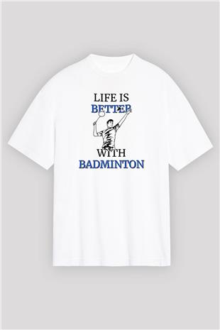 Badminton Baskılı Unisex Beyaz Oversize Tişört - Tshirt
