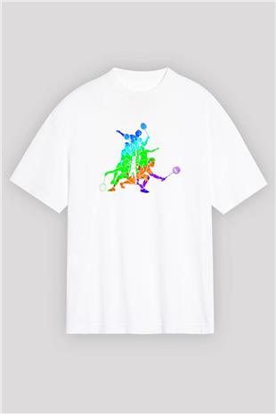 Badminton Baskılı Unisex Beyaz Oversize Tişört - Tshirt