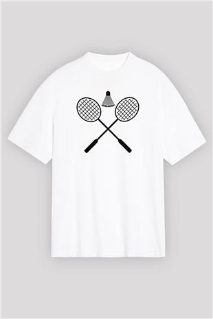 Badminton Baskılı Unisex Beyaz Oversize Tişört - Tshirt