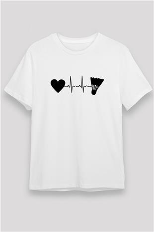 Badminton Baskılı Unisex Beyaz Tişört - Tshirt