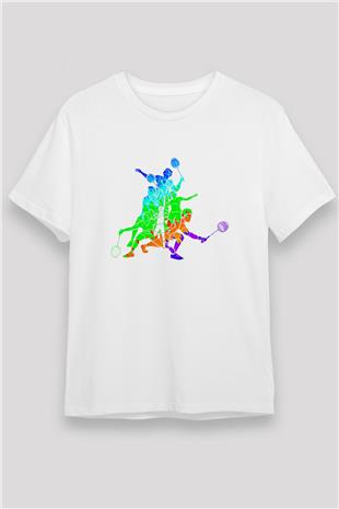 Badminton Baskılı Unisex Beyaz Tişört - Tshirt