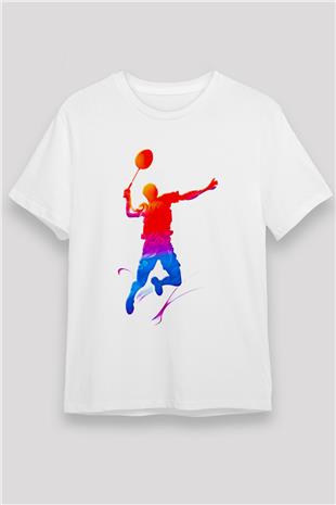 Badminton Baskılı Unisex Beyaz Tişört - Tshirt