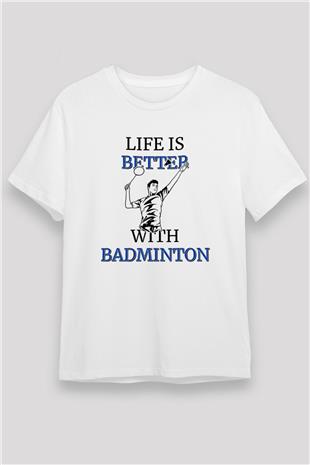 Badminton Baskılı Unisex Beyaz Tişört - Tshirt