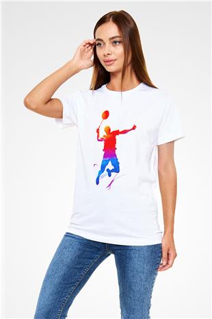Badminton Baskılı Unisex Beyaz Tişört - Tshirt
