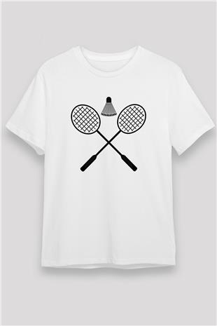 Badminton Baskılı Unisex Beyaz Tişört - Tshirt