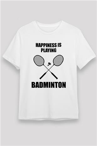 Badminton Baskılı Unisex Beyaz Tişört - Tshirt