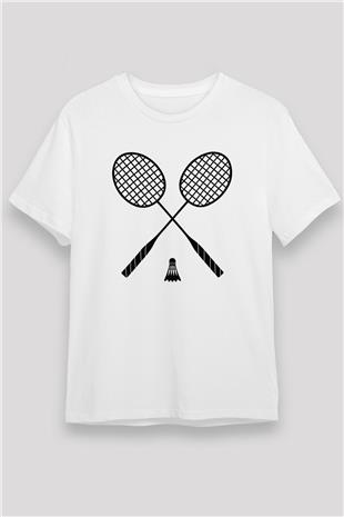 Badminton Baskılı Unisex Beyaz Tişört - Tshirt