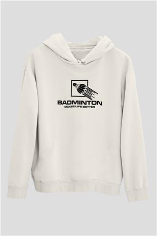 Badminton Baskılı Unisex Ekru Hoodie