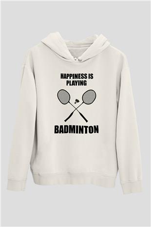 Badminton Baskılı Unisex Ekru Hoodie