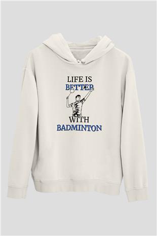 Badminton Baskılı Unisex Ekru Hoodie