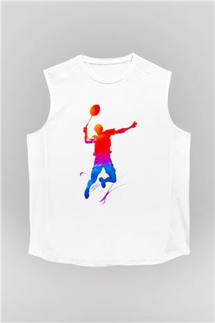 Badminton Baskılı Unisex Kolsuz Beyaz Tişört