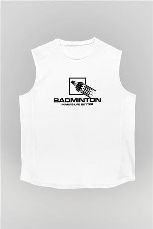 Badminton Baskılı Unisex Kolsuz Beyaz Tişört