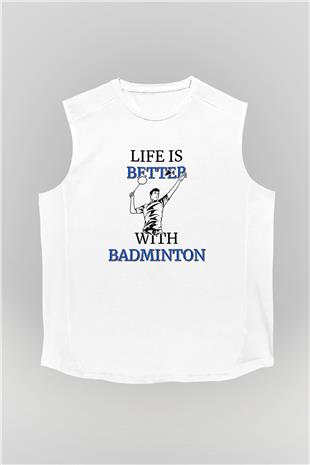 Badminton Baskılı Unisex Kolsuz Beyaz Tişört