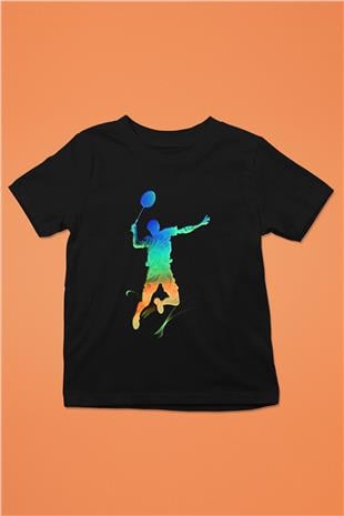 Badminton Baskılı Unisex Siyah Çocuk Tİşörtü - Tshirt
