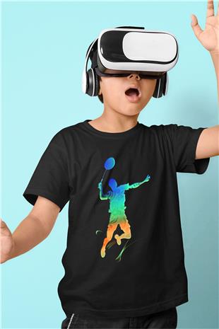 Badminton Baskılı Unisex Siyah Çocuk Tİşörtü - Tshirt