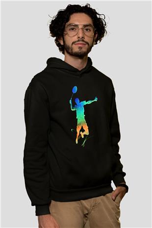 Badminton Baskılı Unisex Siyah Hoodie