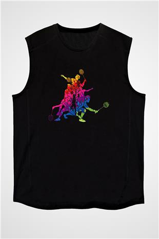 Badminton Baskılı Unisex Siyah Kolsuz Tişört